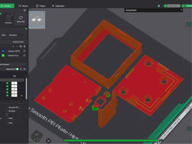 Piezas de la carcasa preparadas en el slicer para impresión 3D