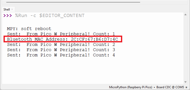 Dirección MAC Bluetooth de la Pico W impresa en la consola de Thonny