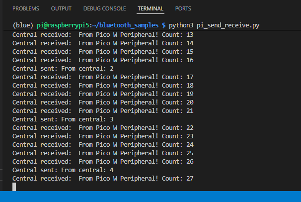 Consola de la Raspberry Pi mostrando los mensajes BLE enviados y recibidos desde la Pico