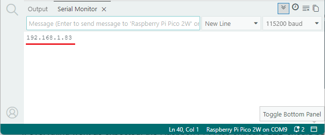 Monitor Serial del Arduino IDE mostrando la dirección IP que recibió la Raspberry Pi Pico W