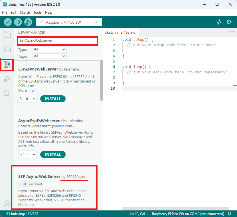 Instalar la librería ESP Async WebServer desde el Gestor de Librerías del Arduino IDE