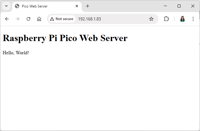 Página web servida por la Raspberry Pi Pico W mostrando Hola mundo en el navegador
