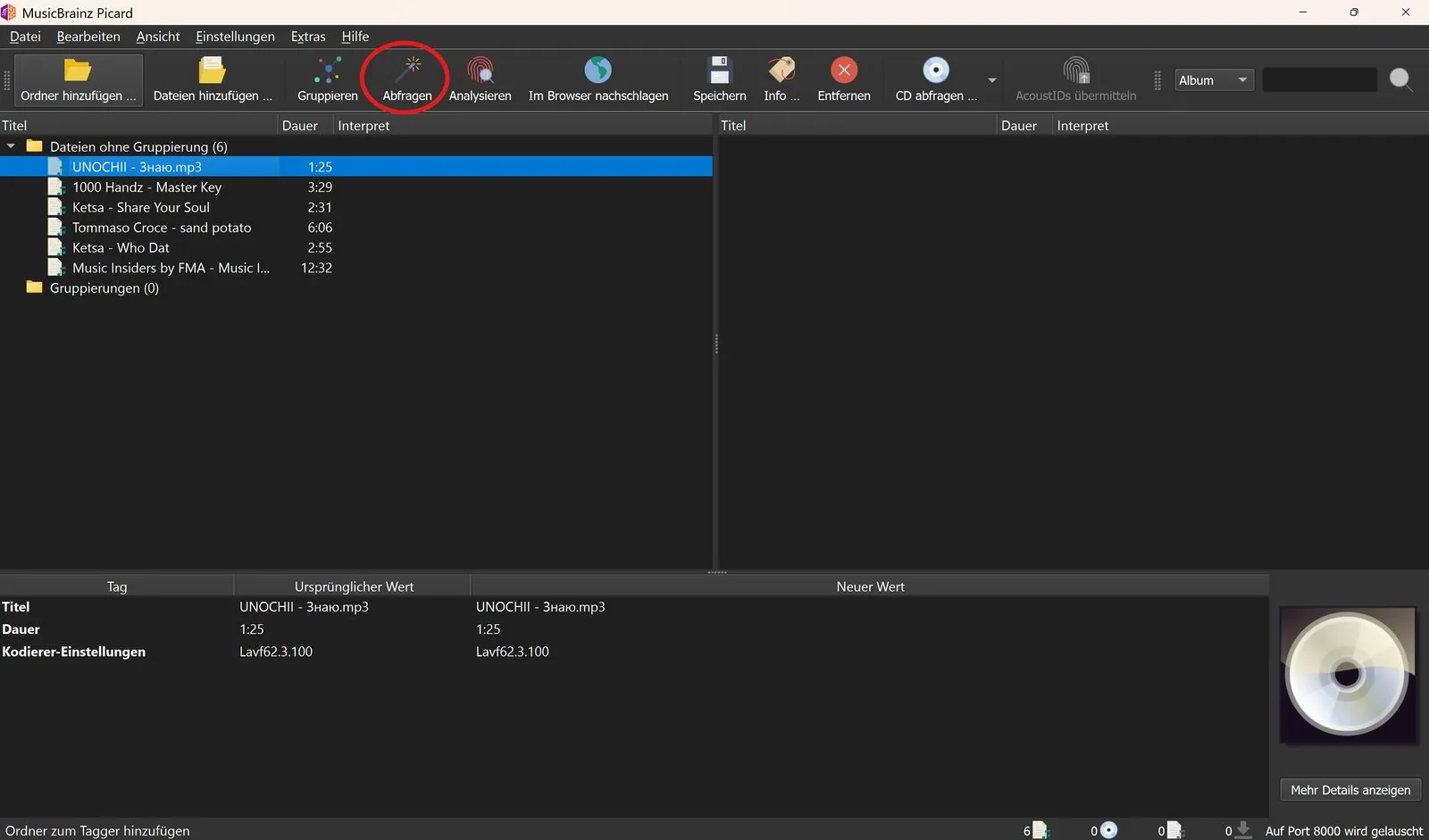 MusicBrainz Picard antes de la consulta: seis archivos de música sin artista ni álbum
