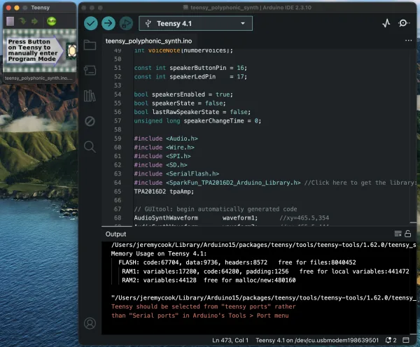 Pantalla del proceso de programación del Teensy
