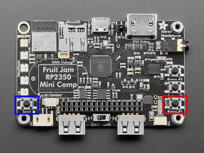 Placa Fruit Jam con los botones de reset y boot destacados
