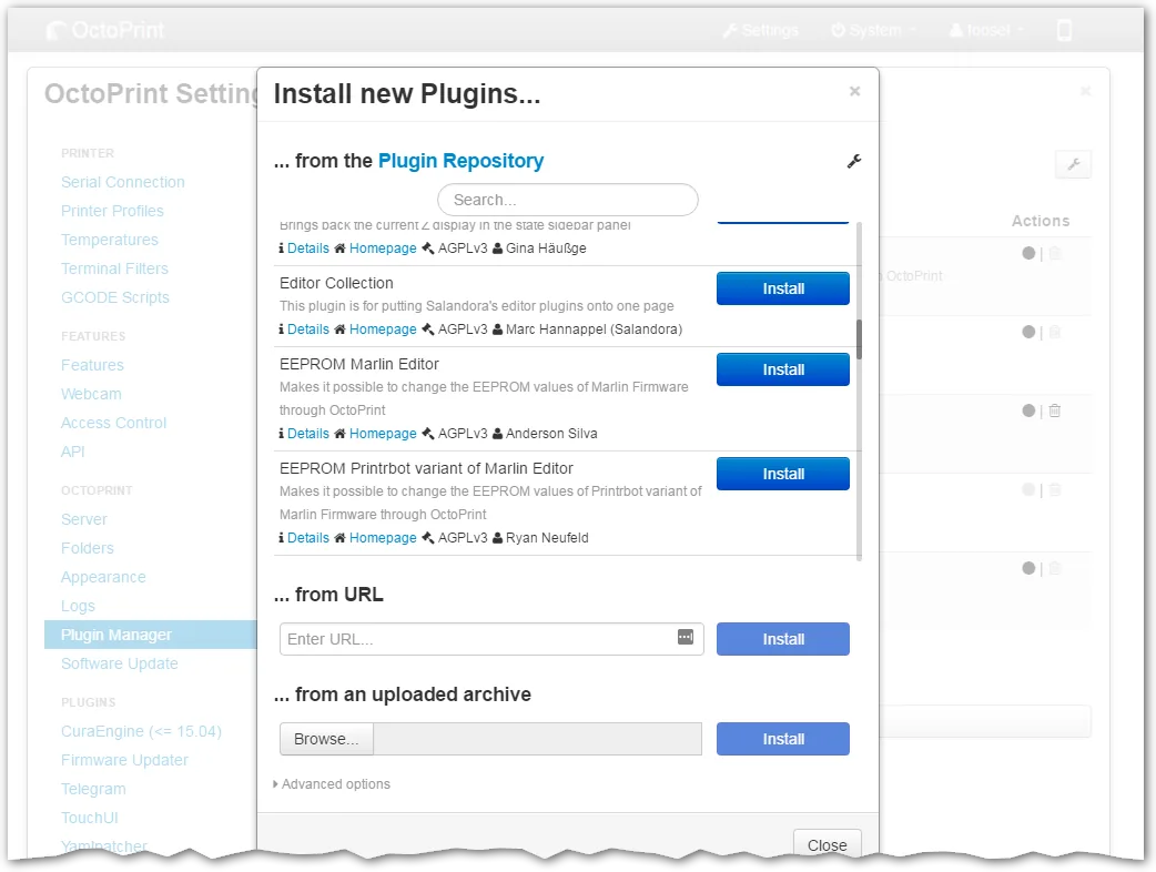 Repositorio de plugins de OctoPrint para instalar extensiones