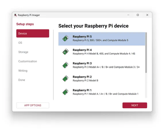 Raspberry Pi Imager mostrando la seleccion del modelo de Raspberry Pi