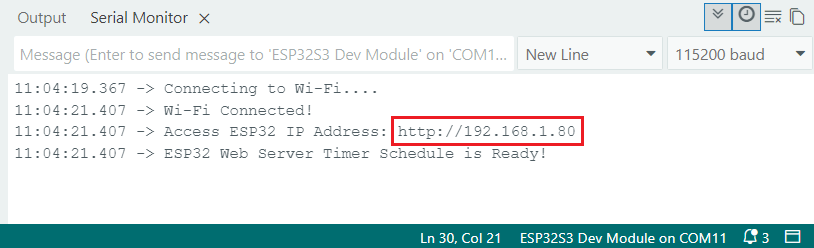 Serial Monitor del Arduino IDE mostrando la IP del ESP32 a 115200 baudios