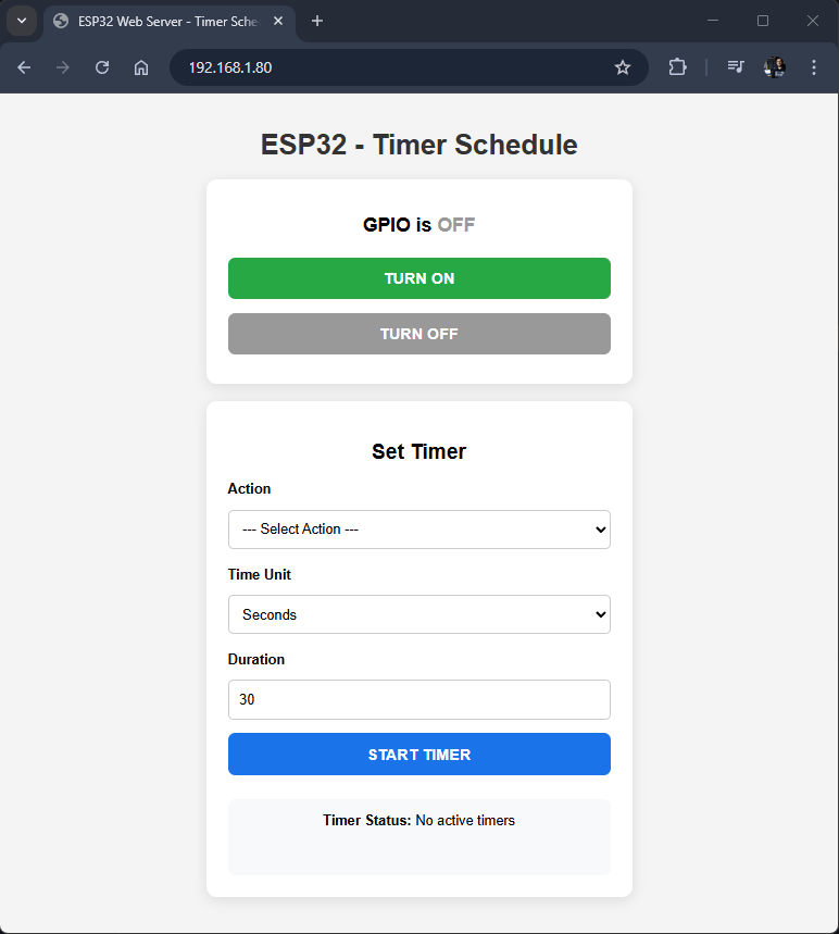 Página de control del servidor web ESP32 abierta en el navegador