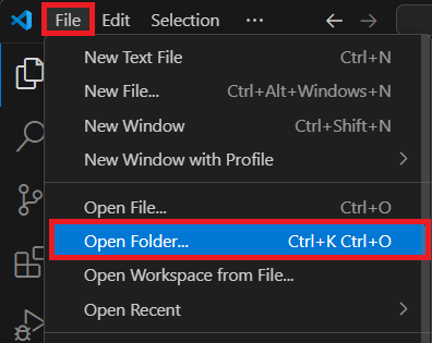 Abrir la carpeta del proyecto desde el menú File de VS Code
