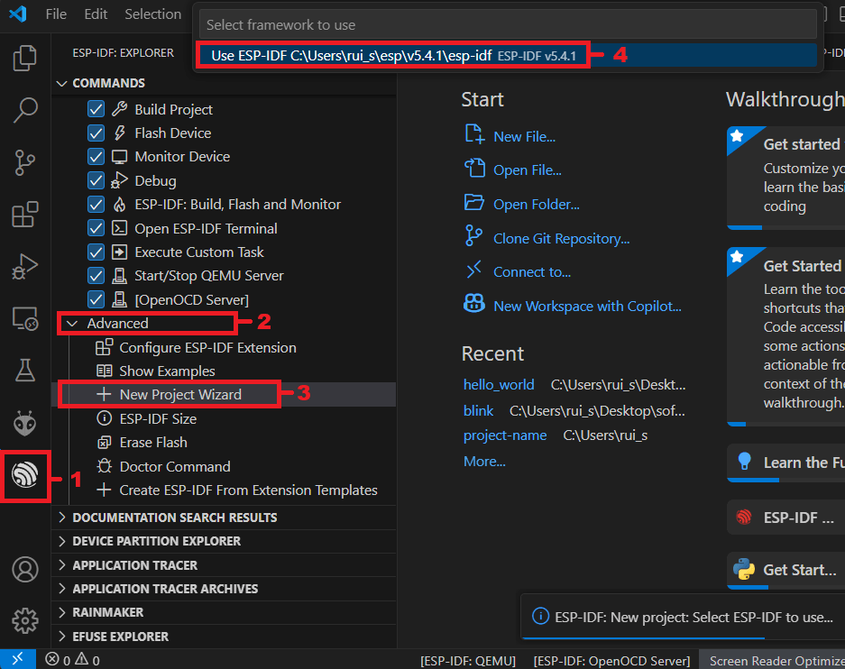 Asistente para crear un nuevo proyecto ESP-IDF en VS Code