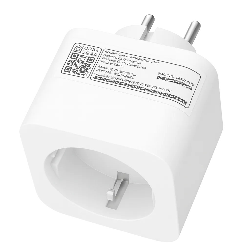 Enchufe ya reensamblado con su etiqueta y QR de HomeKit, resultado final