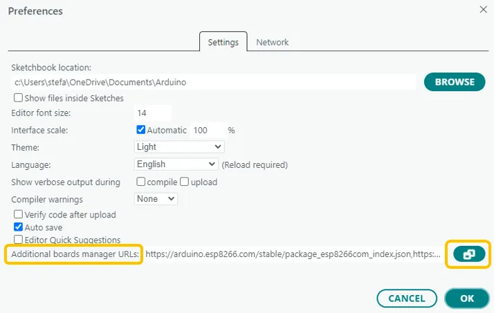 Campo de URLs adicionales del gestor de placas en las preferencias del IDE de Arduino