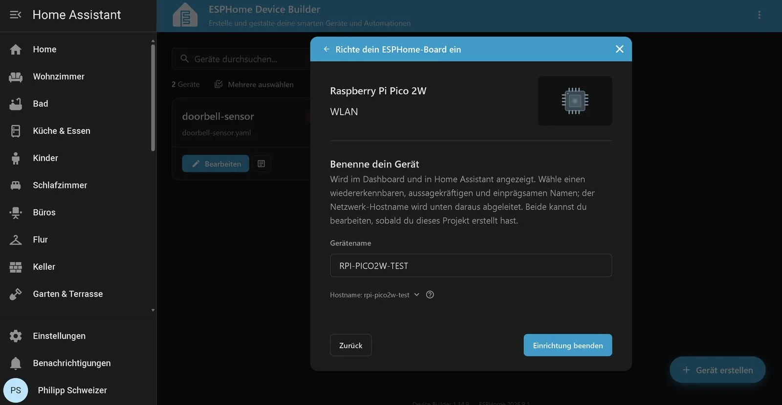 Diálogo de configuración del dispositivo en ESPHome con el nombre del equipo de prueba y el nombre de host que genera a partir de él