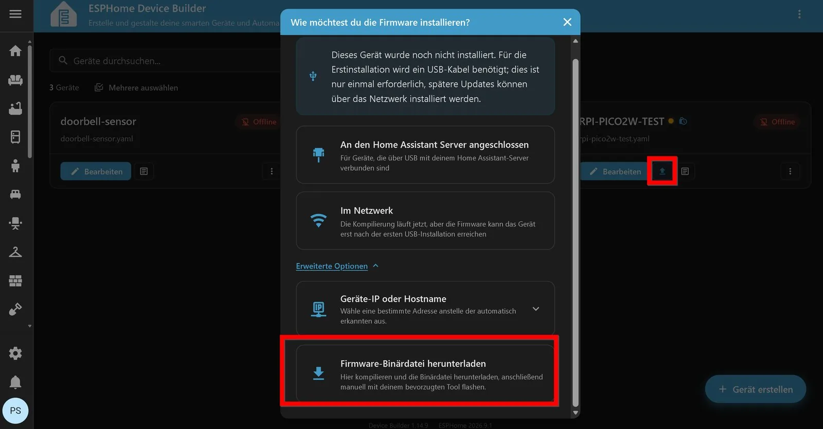 Diálogo de ESPHome para elegir cómo instalar la firmware, con el aviso de la primera instalación por USB y la opción de descargar el binario marcada