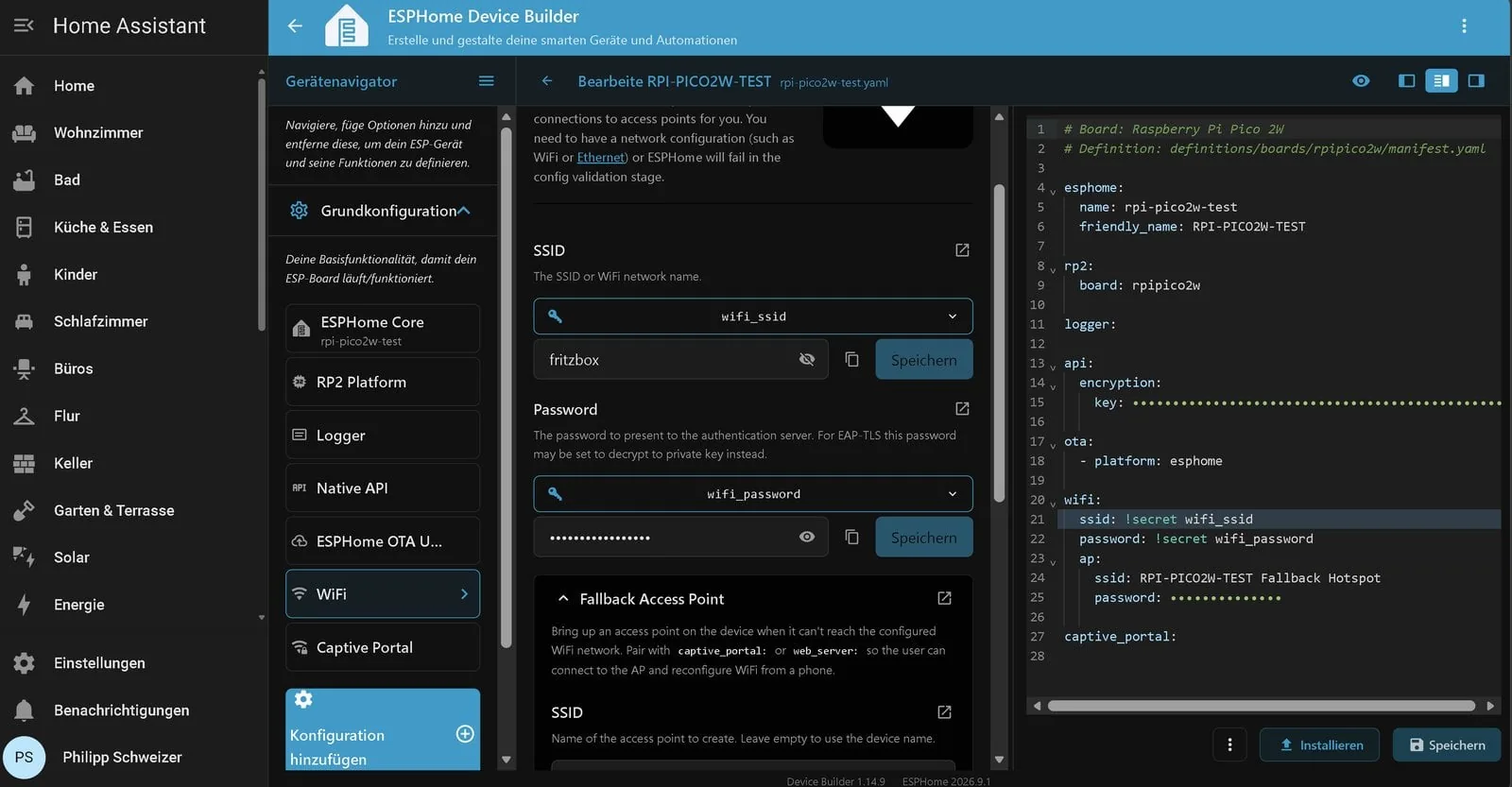 Editor de ESPHome con el navegador de dispositivos, el WiFi tomado de los secretos y la configuración base con rp2 y board rpipico2w