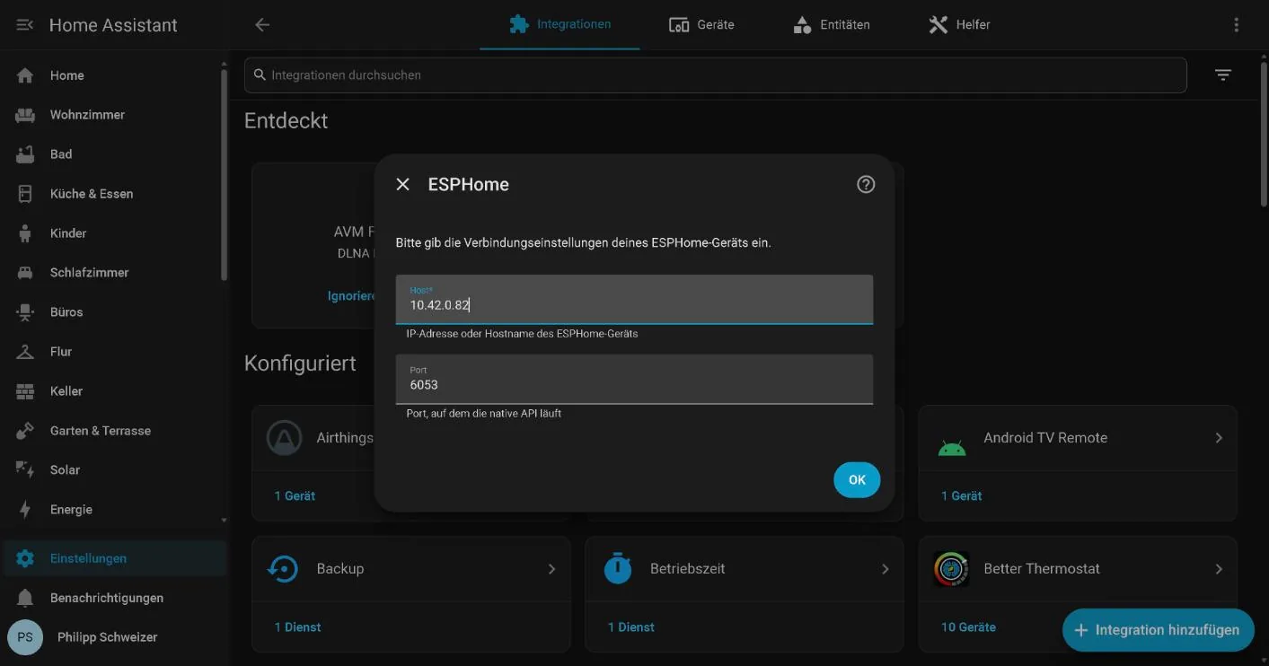 Diálogo de la integración ESPHome en Home Assistant con el host 10.42.0.82 y el puerto 6053