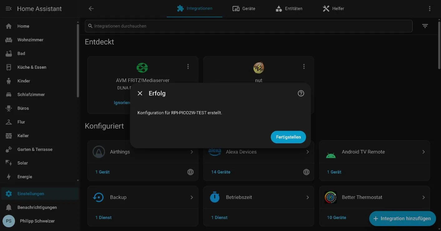 Home Assistant confirmando que se creó la configuración para el equipo de prueba