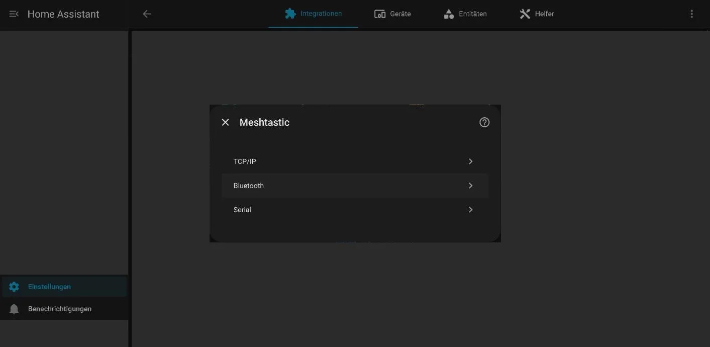 Diálogo de la integración Meshtastic en Home Assistant con los tipos de conexión TCP/IP, Bluetooth y Serial