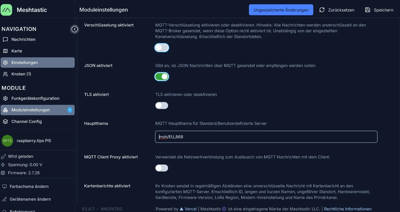 Cliente web de Meshtastic, ajustes MQTT con cifrado desactivado, JSON activado y tema raíz msh/EU_868