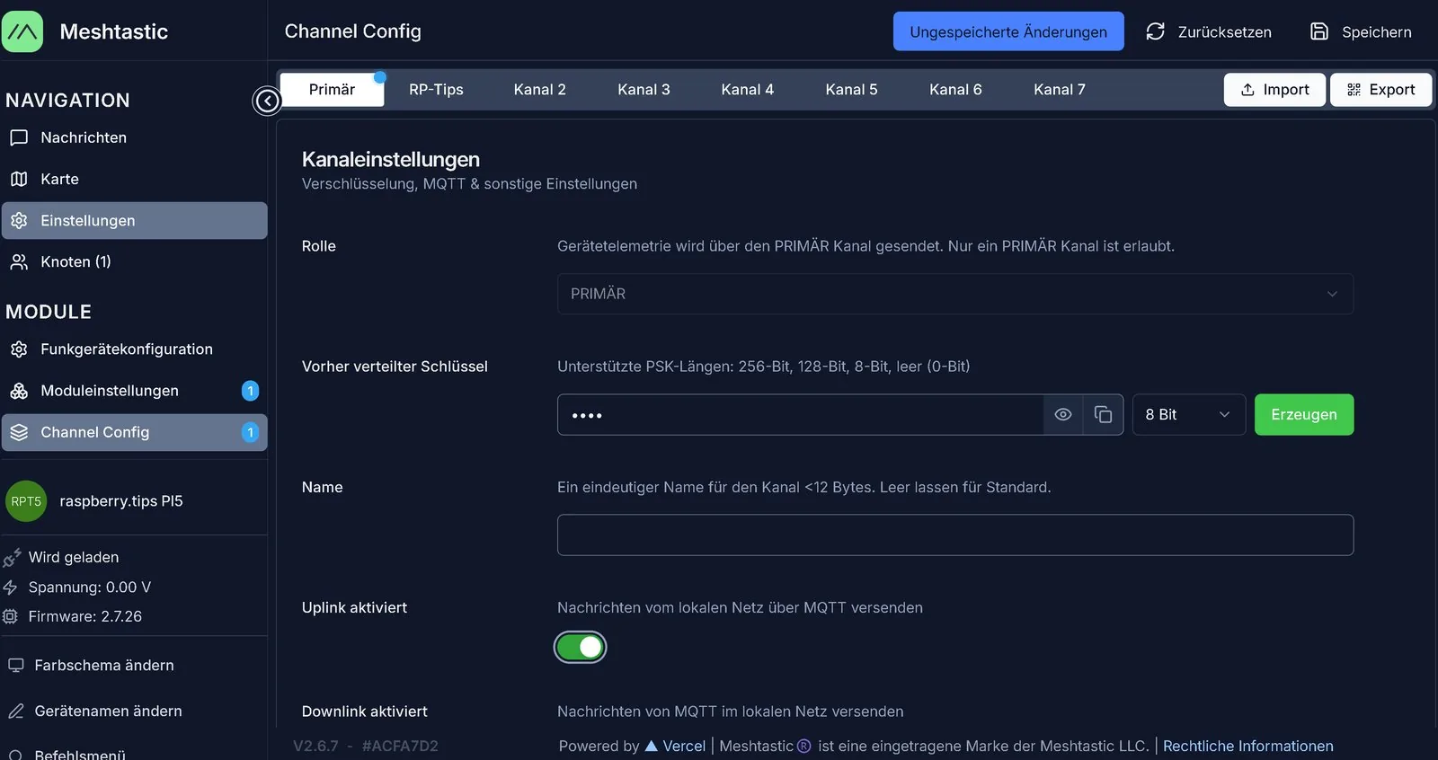 Cliente web de Meshtastic, configuración del canal primario con el uplink activado