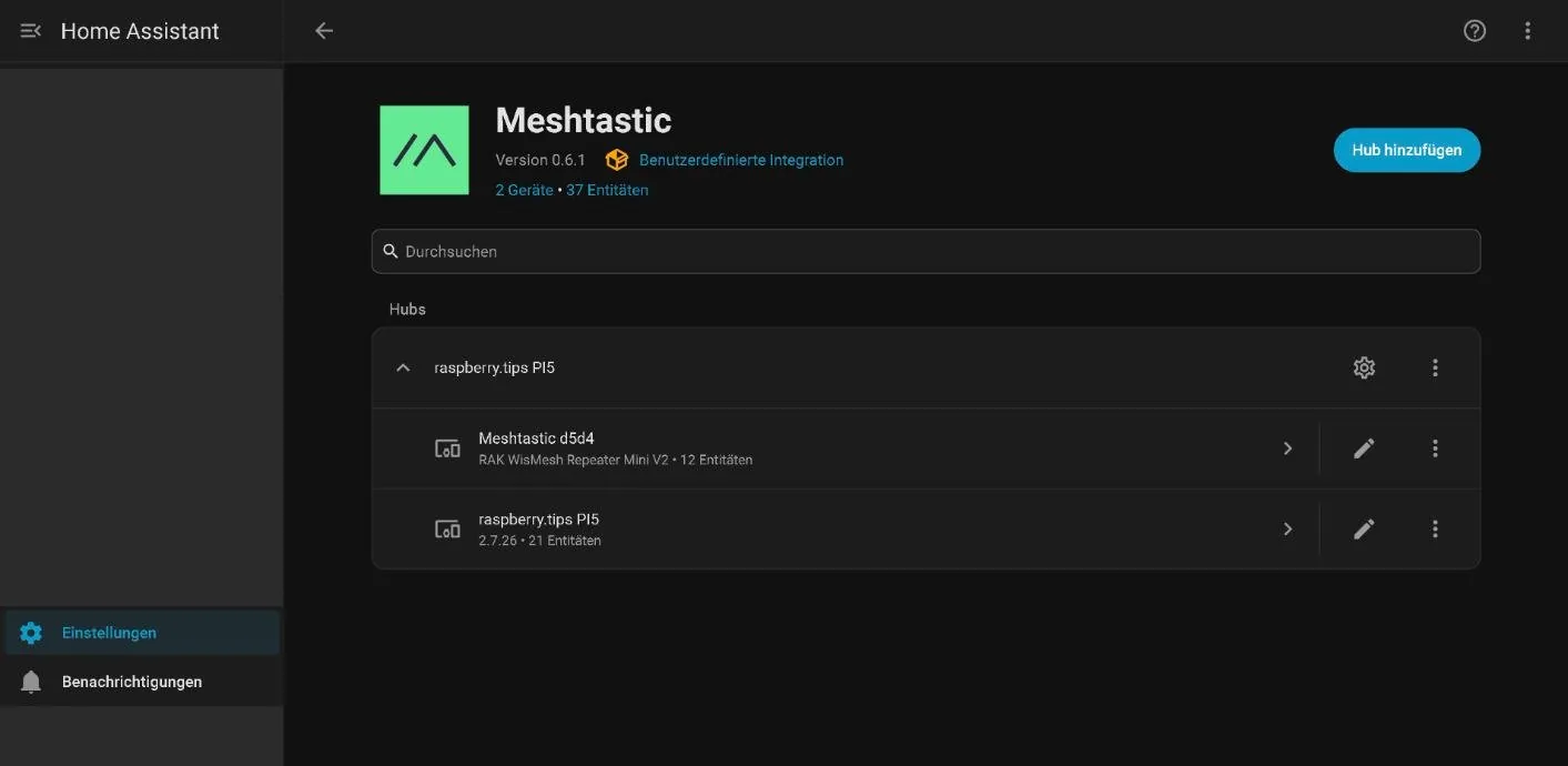 Página de la integración Meshtastic 0.6.1 en Home Assistant con dos dispositivos y 37 entidades
