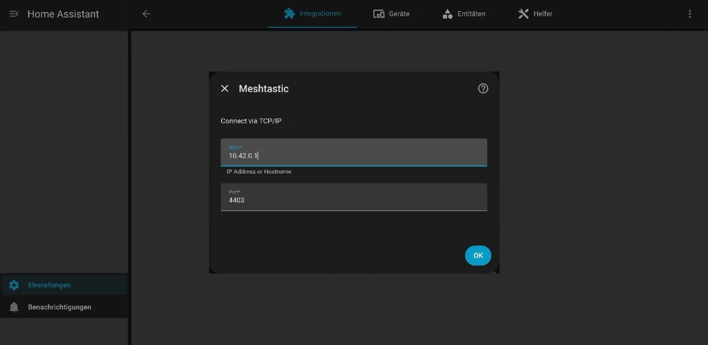 Diálogo Connect via TCP/IP con el host 10.42.0.1 y el puerto 4403