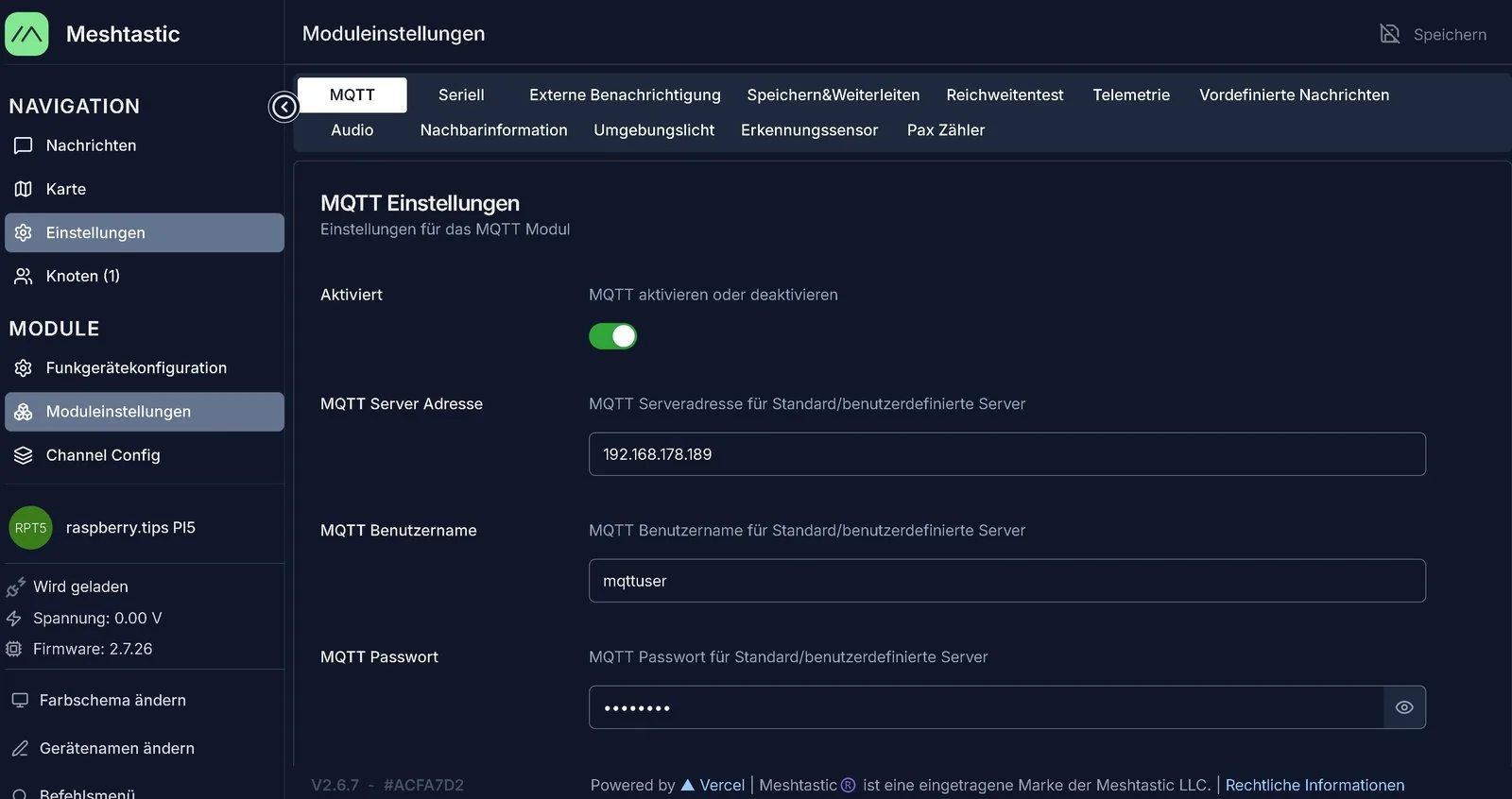 Cliente web de Meshtastic, ajustes del módulo MQTT con el módulo activado, dirección del servidor, usuario y contraseña oculta