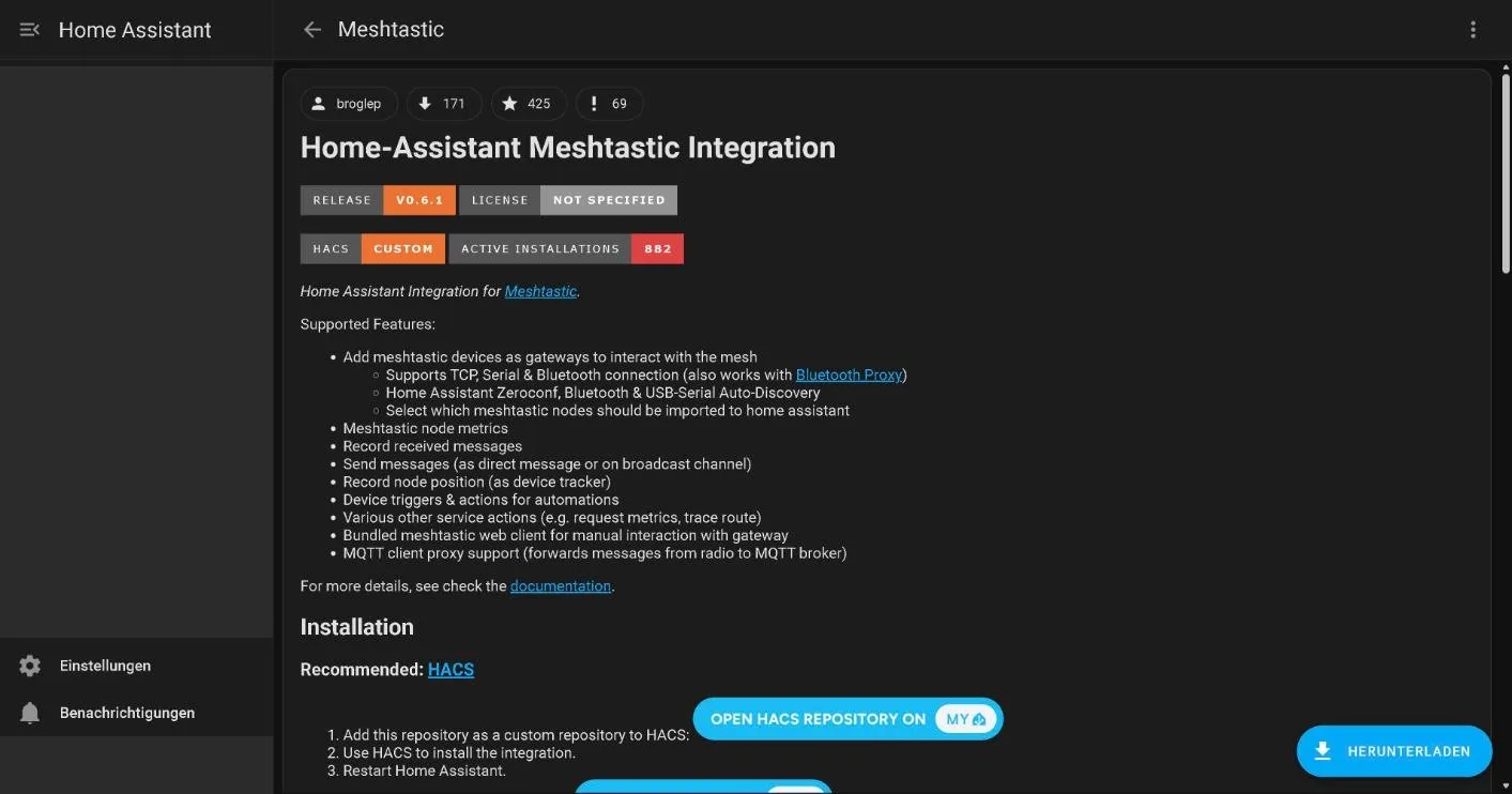 Página del repositorio de la integración Meshtastic en HACS, release v0.6.1, con el botón Descargar