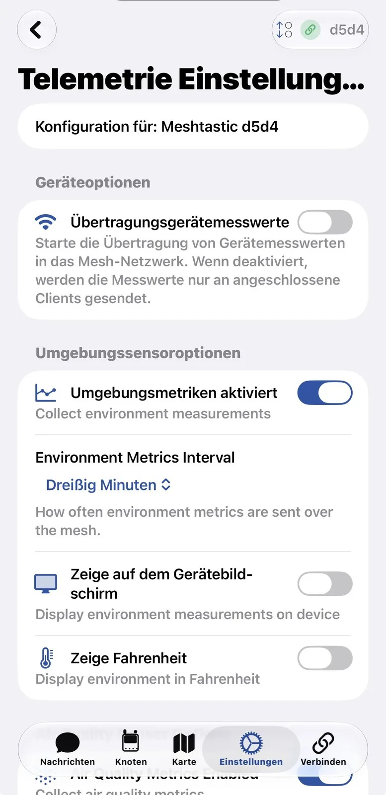 App de Meshtastic con los ajustes de telemetría: métricas del dispositivo y métricas ambientales activadas, con intervalo de treinta minutos