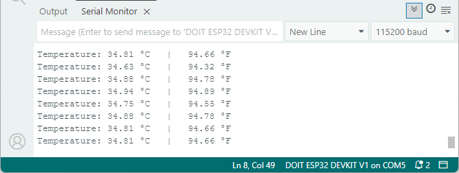 Monitor serial mostrando las lecturas de temperatura del MAX30102