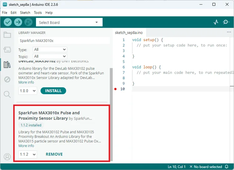 Gestor de librerías del Arduino IDE con la librería SparkFun MAX3010x