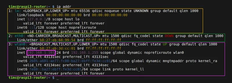 Salida del comando ip addr mostrando las interfaces lo, eth0 y wlan0 en el Raspberry Pi