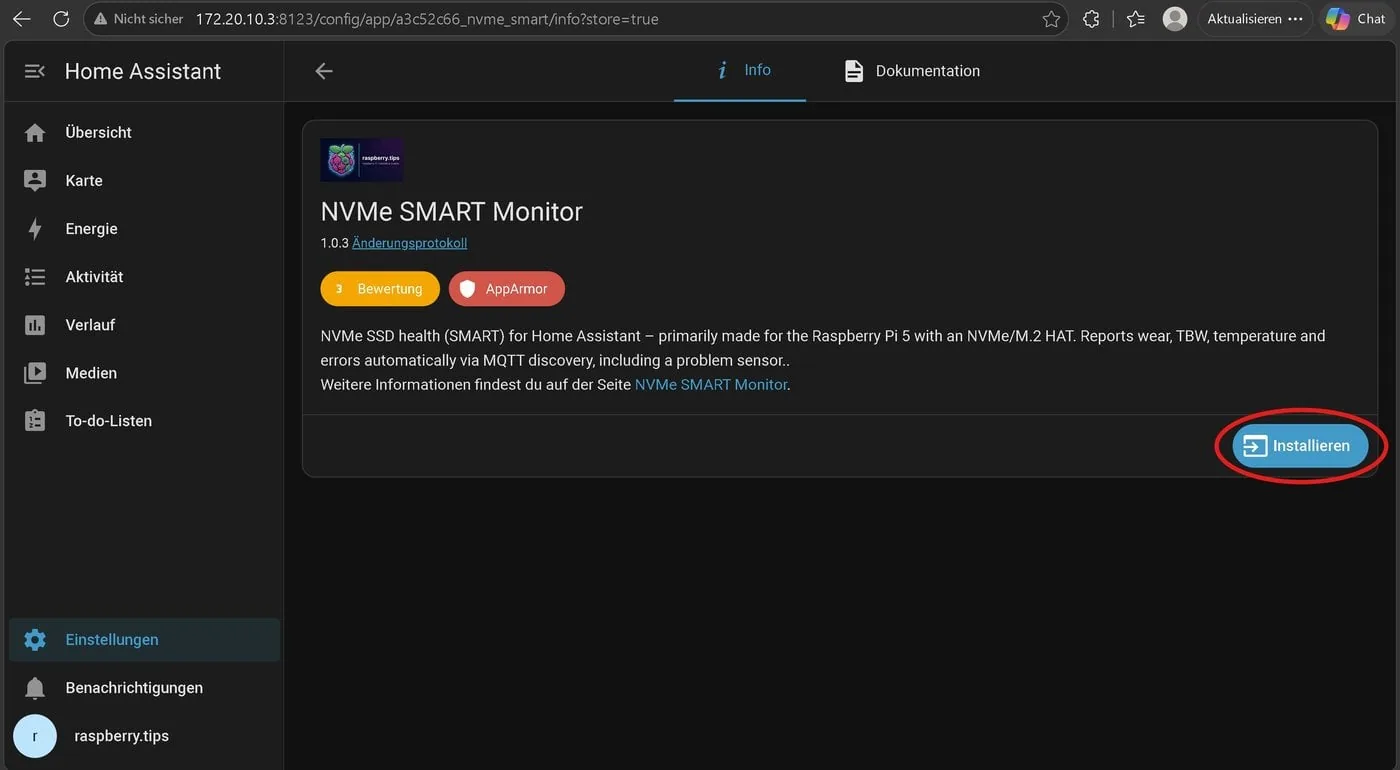 Instalar el add on NVMe SMART Monitor; el contenedor se compila localmente