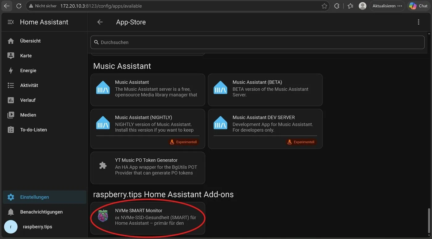 El add on NVMe SMART Monitor aparece en la tienda de add ons