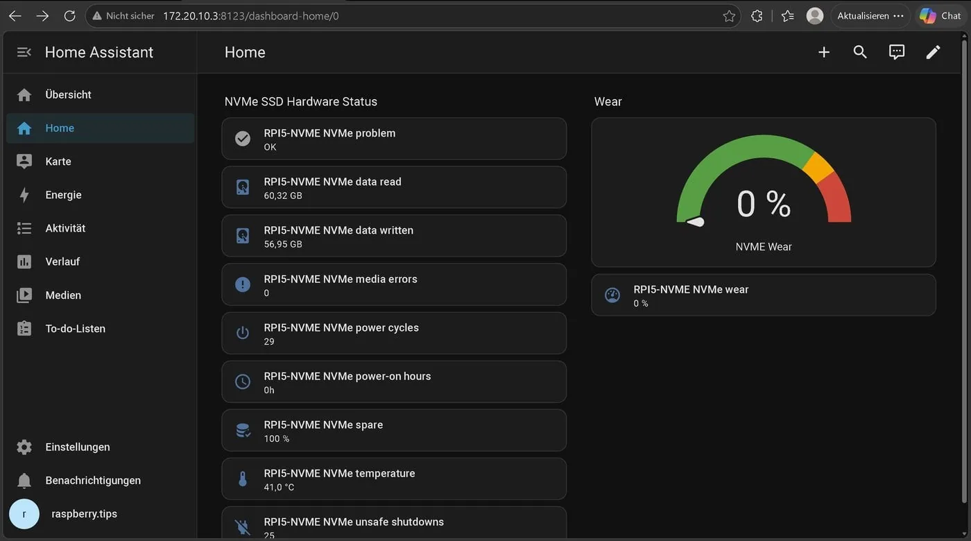 Dashboard de Home Assistant con el gauge de desgaste de la SSD NVMe
