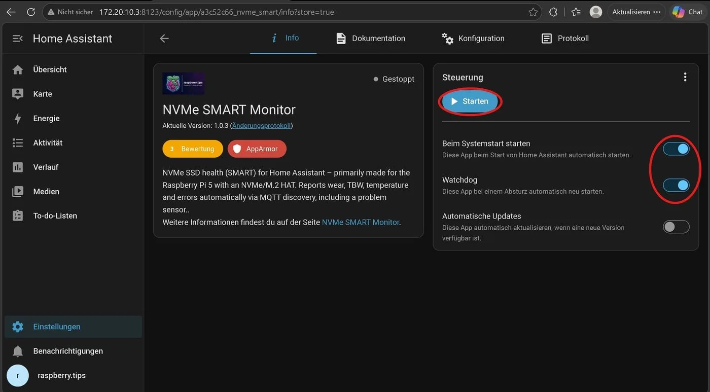 Iniciar el add on con Watchdog y arranque automático activados