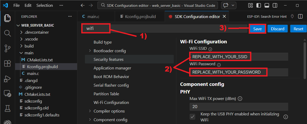 Menuconfig con los campos de SSID y password