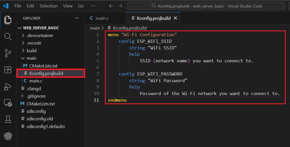 Archivo Kconfig.projbuild con la config WiFi