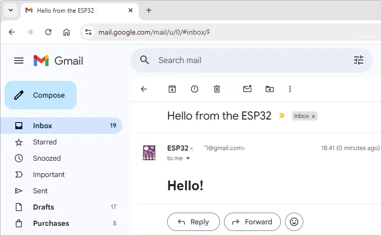 Correo HTML recibido desde el ESP32 en Gmail