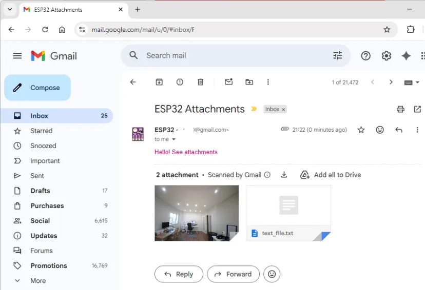 Correo recibido desde el ESP32 con dos archivos adjuntos en Gmail