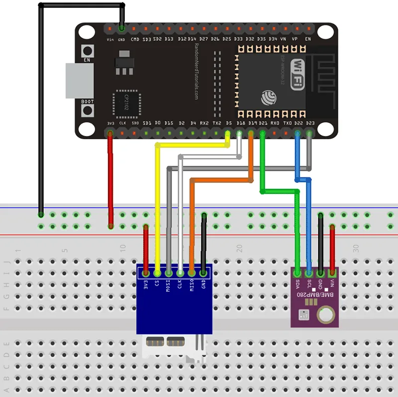 Diagrama de conexión del ESP32 con el BME280 y el módulo microSD