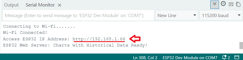 Monitor serial del IDE de Arduino mostrando la IP del ESP32