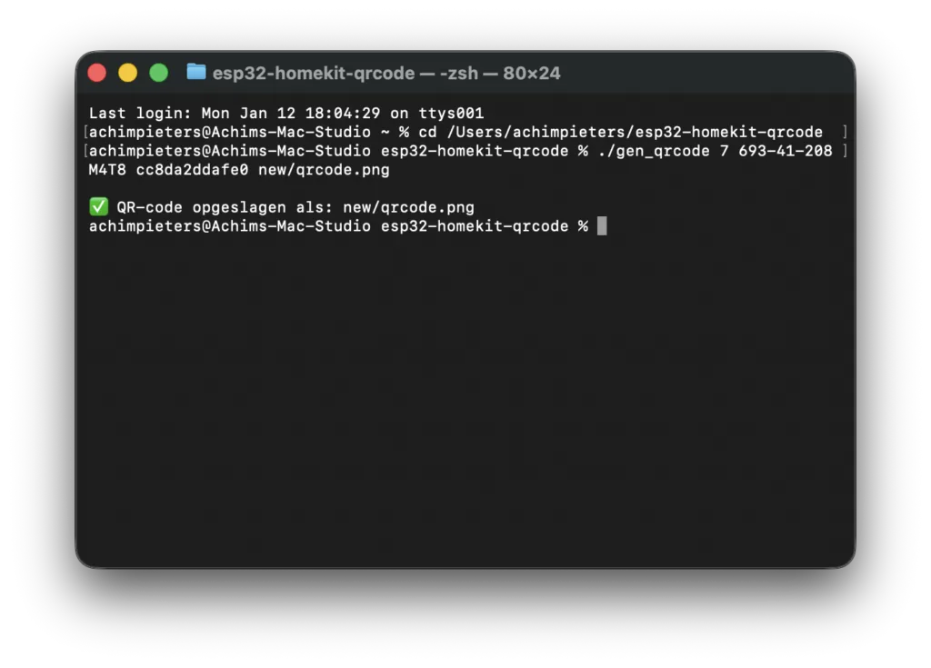 Terminal de macOS ejecutando el comando gen_qrcode para generar el código QR de HomeKit a partir del tipo de accesorio, el setup code, el setup ID y la dirección MAC