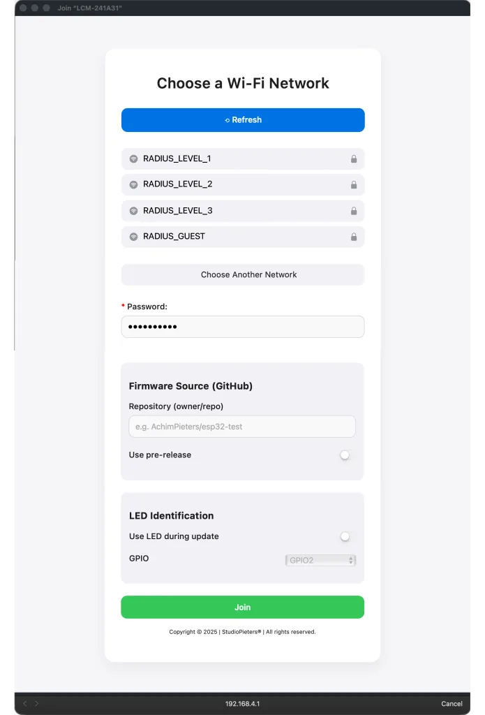 Portal cautivo del Lifecycle Manager pidiendo elegir la red WiFi, ingresar la contraseña y el repositorio de GitHub del firmware antes de instalarlo por OTA