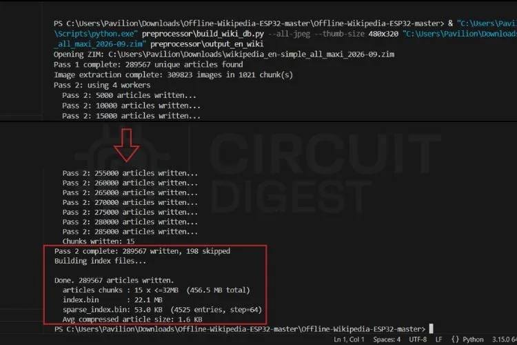 Registro del preprocesador mientras convierte el ZIM de Simple English en trozos listos para el ESP32