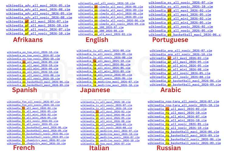 Códigos de idioma que aparecen en los nombres de los archivos ZIM de Kiwix, como en, fr, ru y af