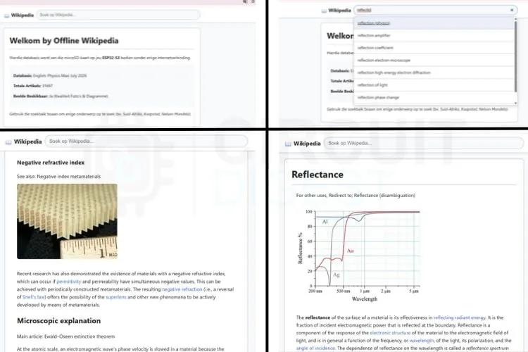 Wikipedia offline funcionando desde la placa ESP32-S3, vista en el navegador