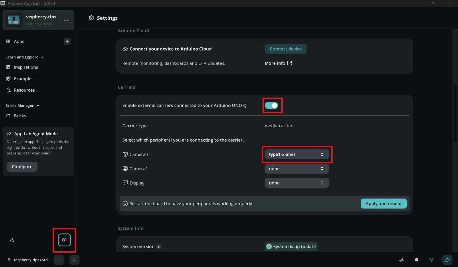 Ajustes de App Lab con los carriers habilitados y Camera0 configurado en type1-2lanes
