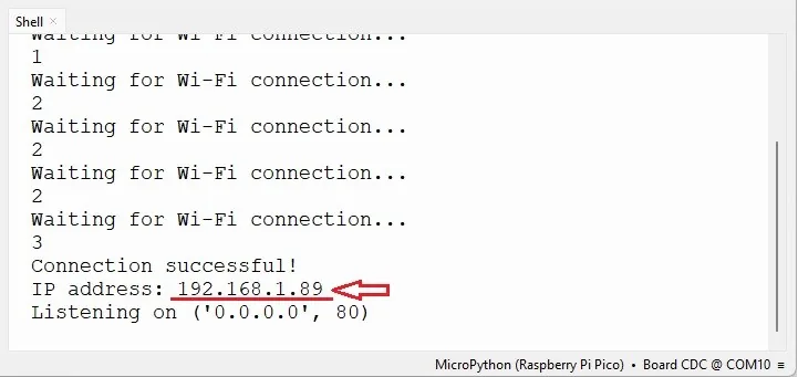 La IP del Pico impresa en el shell de Thonny tras conectarse al WiFi